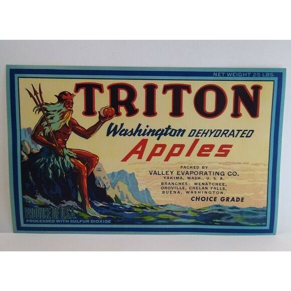 Triton Apples Crate Label King Neptune Man With Trident Vintage Original 1940s - Picture 2 of 4